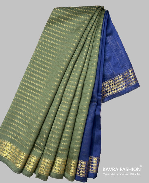 Semi Raw Silk Mehendi Green Handloom Saree with all over Khapa dots and khapa border